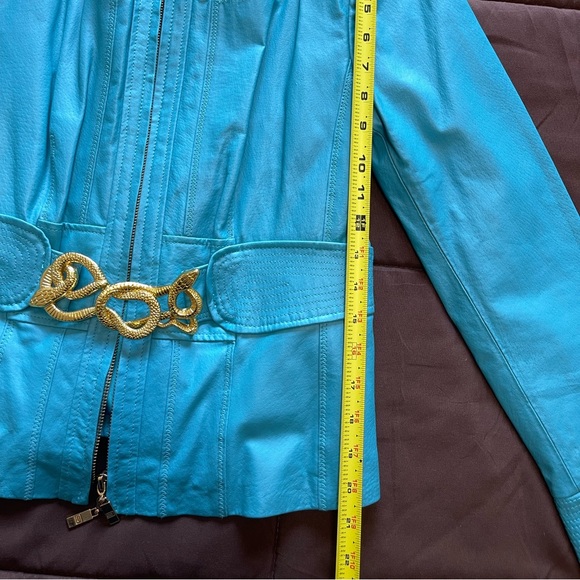 Pamela McCoy Blue Belted Leather Jacket w/ Snake Buckle & Stitching | Womens XS - Picture 9 of 9